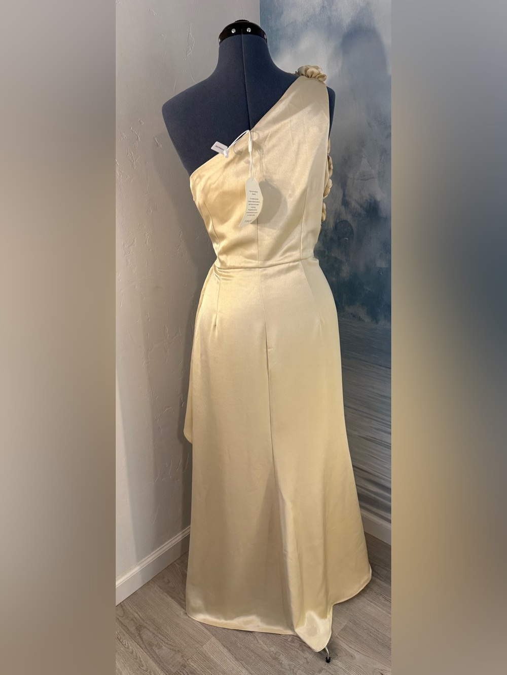 One-Shoulder Champagne Satin Evening Gown with Floral Accent #396 - Picture 4 of 13